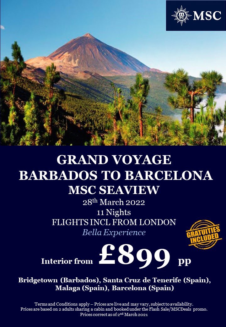 MoranTravel's tweet photo. Flash sale ! Book a fabulous cruise for next March from Barbados to Barcelona ... book by March 8 2021 for travel in March 2022 https://t.co/aHZH5wOVBp