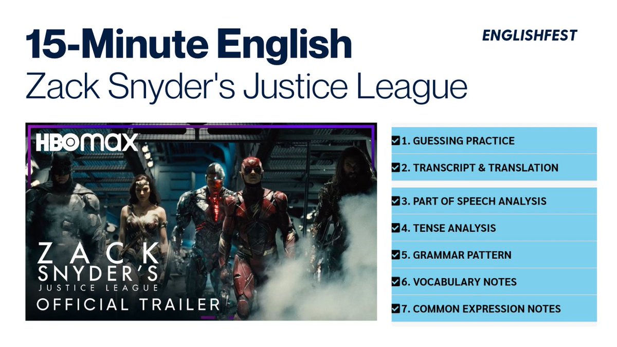 Englishfest Co Id On Twitter 15 Minute English 62 Movie Trailer Zack Snyder S Justice League Luangkan 15 Menit Hari Ini Untuk Mengasah Listening Skill Menambah Vocabulary 1 Dengarkan Pengucapan 2 Amati Penulisan 3
