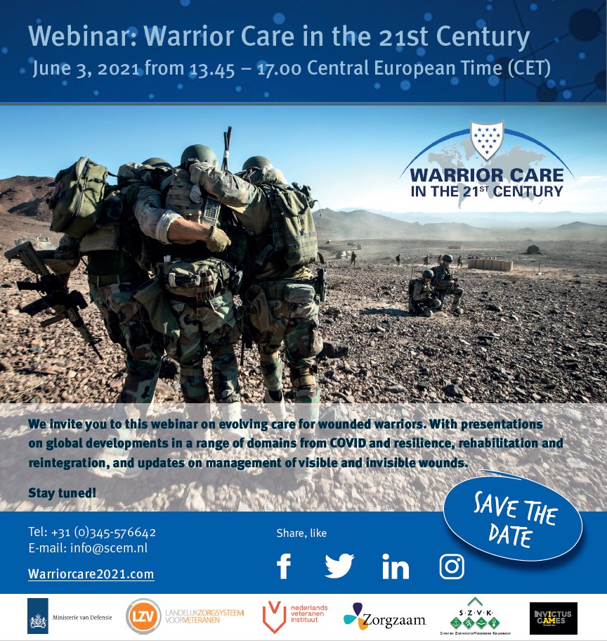 Save the date: Thursday 3rd of June!
For our webinar on evolving care for wounded warriors.
With presentations on global developments in a range of domains from COVID and resilience, rehabilitation and reintegration, and updates on management of visible and invisible wounds.