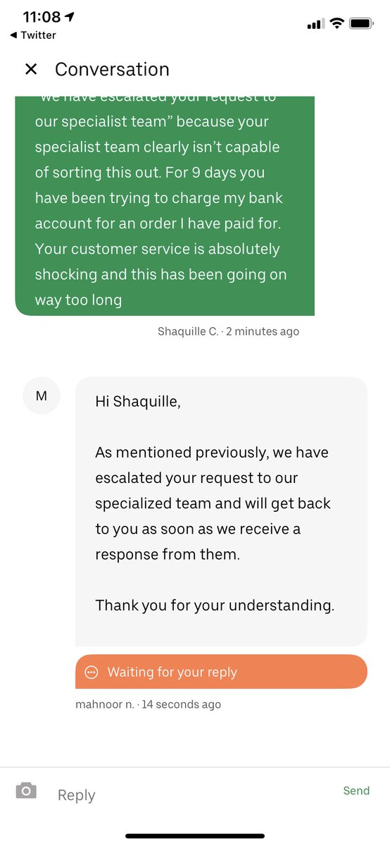 halfblackshaq's tweet photo. It seems to me as if Uber eats “specialist team” is just a computer generated message that has different peoples names on it. Why is it so hard for a company as big as Uber to 1. stop charging me for unauthorised payments and 2. Provide me with details on how to make a complaint https://t.co/93V47OQlK4
