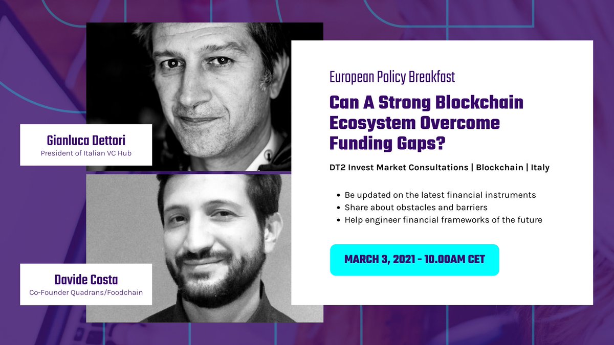 ☕️ You're invited to join the #EU POLICY BREAKFASTS,
a series of closed-door, informal Market Consultations on #AI #Blockchain w/ <a href="/EuropeanCommiss/">European Commission</a>' Policy Officers, facilitated by us.

Pick date/topic &amp; Register →ow.ly/ZAAz50DNE7P

Tomorrow 👇🏻 #DT2LaunchpadInitiative