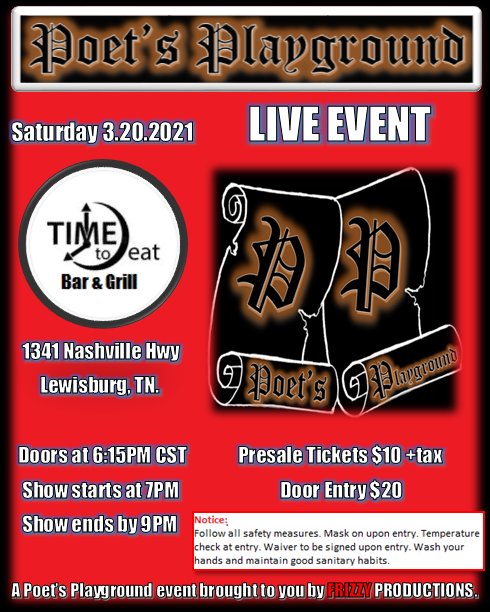 fsykes25's tweet image. Poet's Playground - #poetry #poetryevent #spokenwordevent #tennessee #tennesseeevent #spokenword #invite #tickets #poems #stories #music #food #fun #love #saturday 
Visit: frizzyproductions.com/product/ppebt