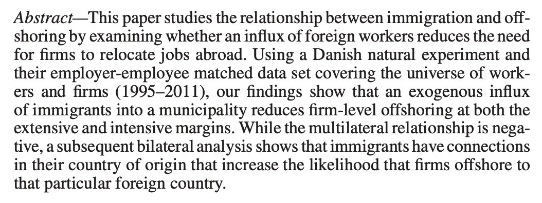 Denmark settled refugees around the country quasi-randomly in the 1990s. In places that received the fewest migrants, firms became relatively more likely to offshore production—a decade later. By Olney & Pozzoli in  @restatjournal —>  https://doi.org/10.1162/rest_a_00861