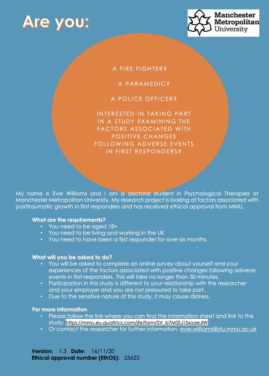 ecw96's tweet photo. Interested in taking part in a study examining the factors associated with positive changes following adverse events in first responders? 
Please follow the link to the survey:
https://t.co/aW46AfLmxD https://t.co/6RPHEnjdbV