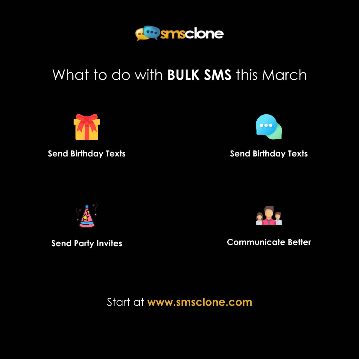SMSclone's tweet photo. It's a new month! Here are some ways SMS can be utilized this month . . .
#smsclone #smsexperience #bulksms #smsprovider #smsapi #bulksmsprovider #SMS #triviatuesday #smstools #smsgateway #smscampaign #likes4likes #followforfollow #likeforlikes https://t.co/cnFJcv6qXy
