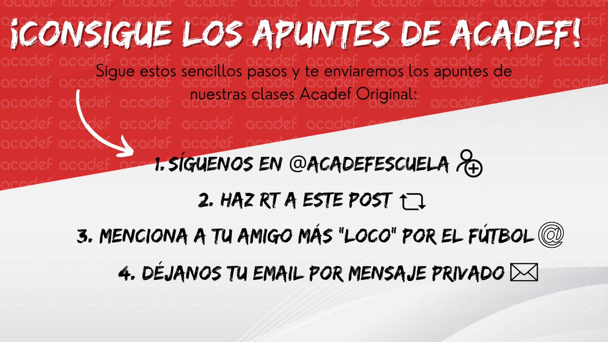 ‼️ Consigue los apuntes de nuestras clases ‼️

Hazte con el material que nuestro entrenador <a href="/alvarog_rey/">Álvaro Gómez-Rey</a> utiliza en las clases 'Acadef Original'.

➡️ Síguenos.
🔁 Haz RT a este post.
⚽ Menciona a tu amigo más 'loco' por el fútbol.
📨 Envíanos un MD con tu email.