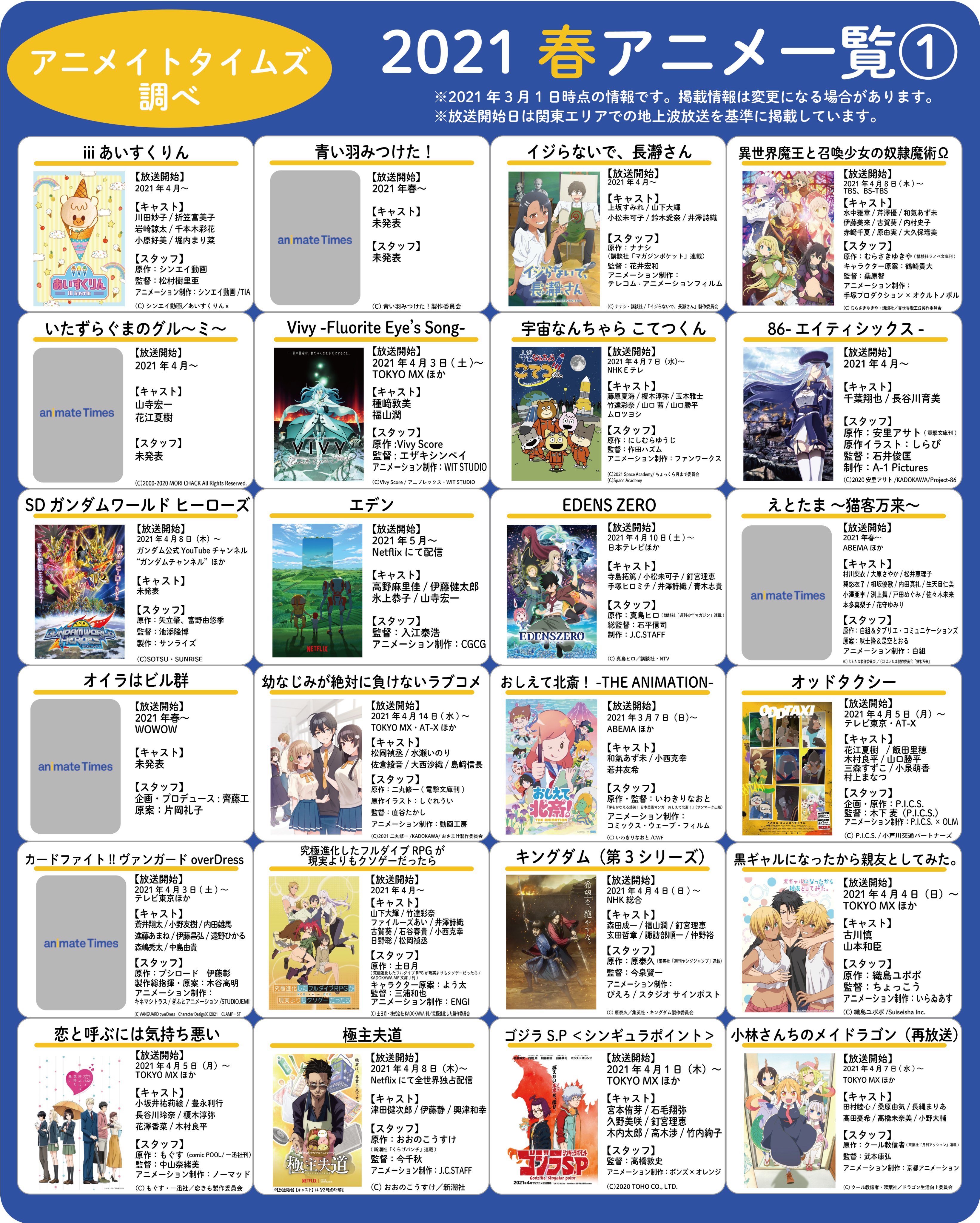 アニメイトタイムズ公式 21春アニメ 一覧 Ver 2 追加更新 春アニメの一覧画像更新しました 続編も再放送も新作も まとめてチェックできちゃいます さらに詳しい情報を知りたい方はこちら T Co Yyv6cojun7 T Co