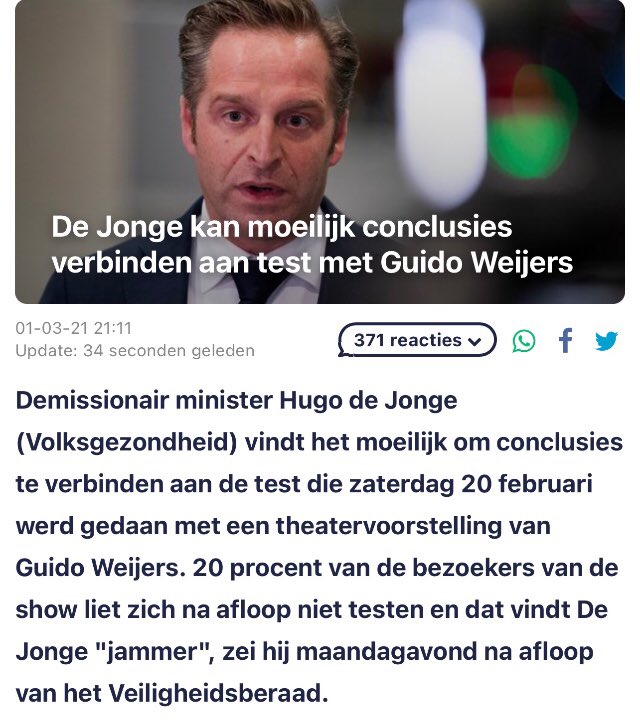 Ik vind het bizar dat 1. men niet verplicht was om zich na afloop te laten testen, 2. 20% dit niet doet terwijl ze wel als ‘uitverkorenen’ bij het event mochten zijn en 3. Dat ze hiermee nog wegkomen ook. Zo kun je inderdaad geen goede conclusies trekken <a href="/hugodejonge/">Hugo de Jonge</a>