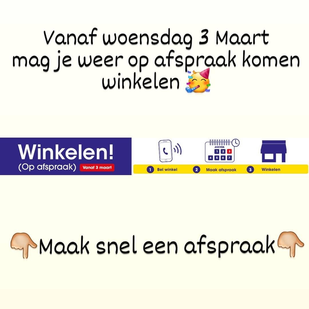 Morgen is het zover 🥳
Maak snel nog een afspraak om teleurstelling te verkomen 👍🏼

* Let op 2 personen per keer *
* Kinderen tellen ook mee *