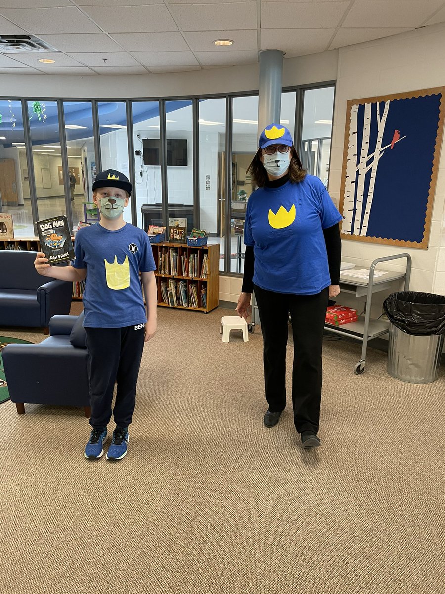 Mrs_Saunders4's tweet photo. One of our Grade 6s matched our Library Technician Mrs. Narbaitz in dressing up as Dog Man for Book Character Day! #bespirit #dogman #literacy #ocsb #becommunity #bewell https://t.co/WYEKEKdp2E