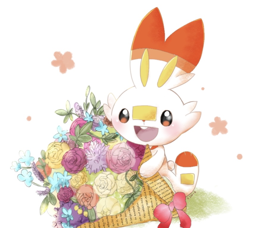 scorbunny pokemon (creature) no humans open mouth smile flower solo blush  illustration images