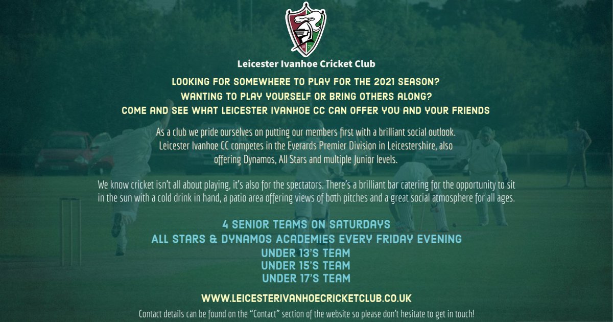 The season is approaching and we're welcoming any new members that are looking for a great place to play for the 2021 season.
Cricket Lover?
Young?
Old?
New to the sport?
An old timer?
Any age or ability is welcome down Leicester Ivanhoe CC so get in touch
leicesterivanhoecricketclub.co.uk