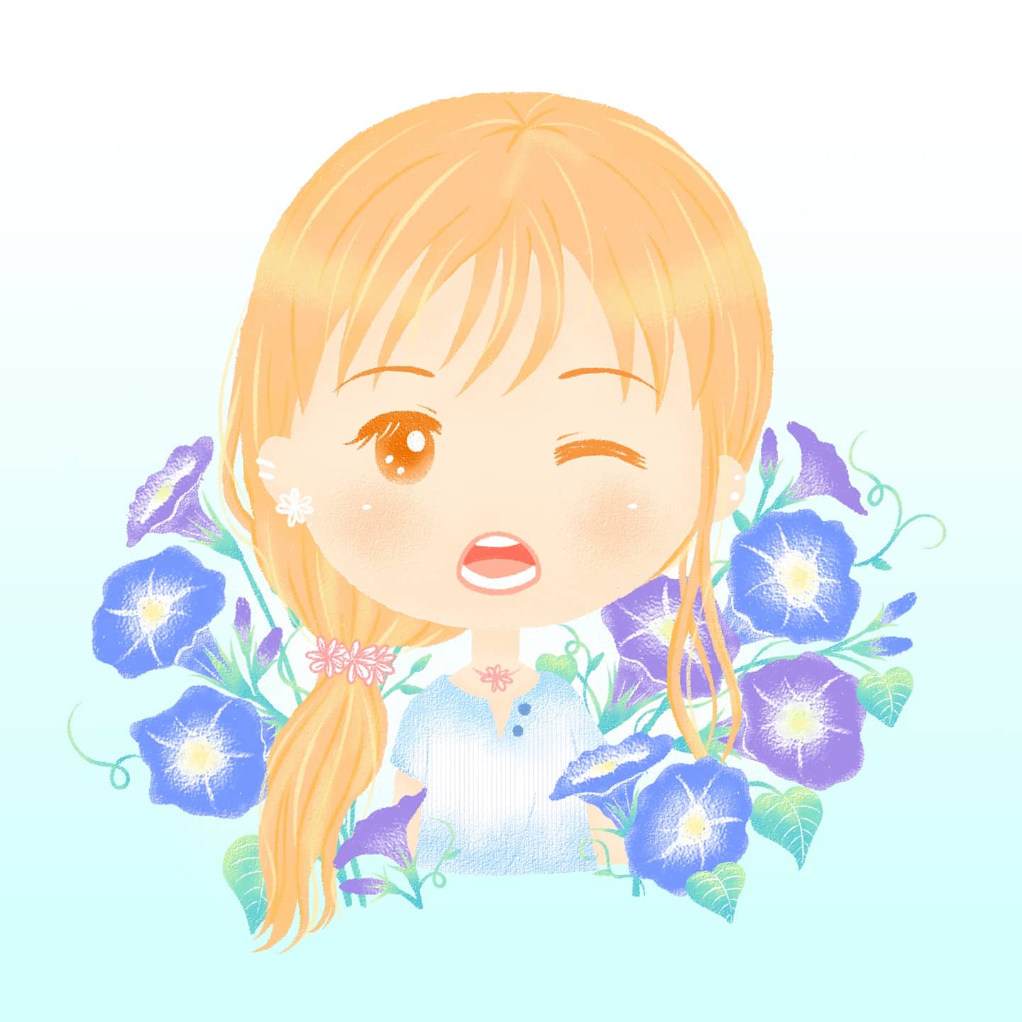 汪汪 Q版人像插畫 12 女孩與牽牛花 Art Draw Paint Character Illustration Sai Girl Morningglory 插畫 Q版 人物 女孩 花 牽牛花 喇叭花 朝顔 あさがお 人と花
