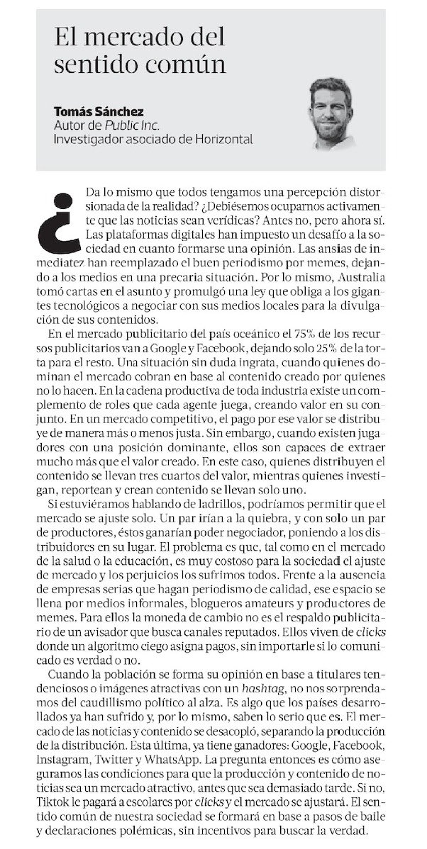 TomasSanchezV's tweet photo. Si seguimos así - con medios debilitados - nuestra percepción de la realidad y sentido común lo definirá TikTok. Por lo mismo, Australia tomó cartas en el asunto. @latercera https://t.co/PP8cta4cv0 https://t.co/udU61zHtq4