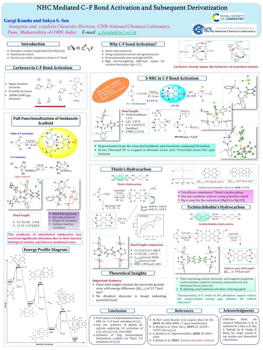 Hi, myself Gargi kundu, this is my first RSC poster entitled with ' NHC mediated C-F bond activation and it's subsequent derivatization'  from @sakya_sen   lab, @csir_ncl, your questions are welcome #RSCInorg  #RSCOrg  #RSCPoster #Maingroupchemistry