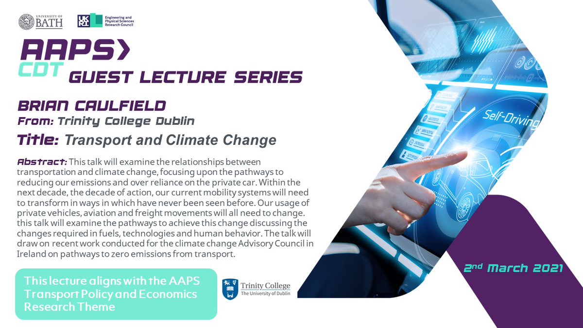 AapsCdt's tweet photo. We are excited to be hearing from Brian Caulfield from @tcddublin as part of our #AAPSCDT #GuestLectureSeries today with a talk and discussion on Transport and Climate Change! 
#transport #Mobility #climatechange #future #research #nextgeneration https://t.co/fbUVfFf1Qv