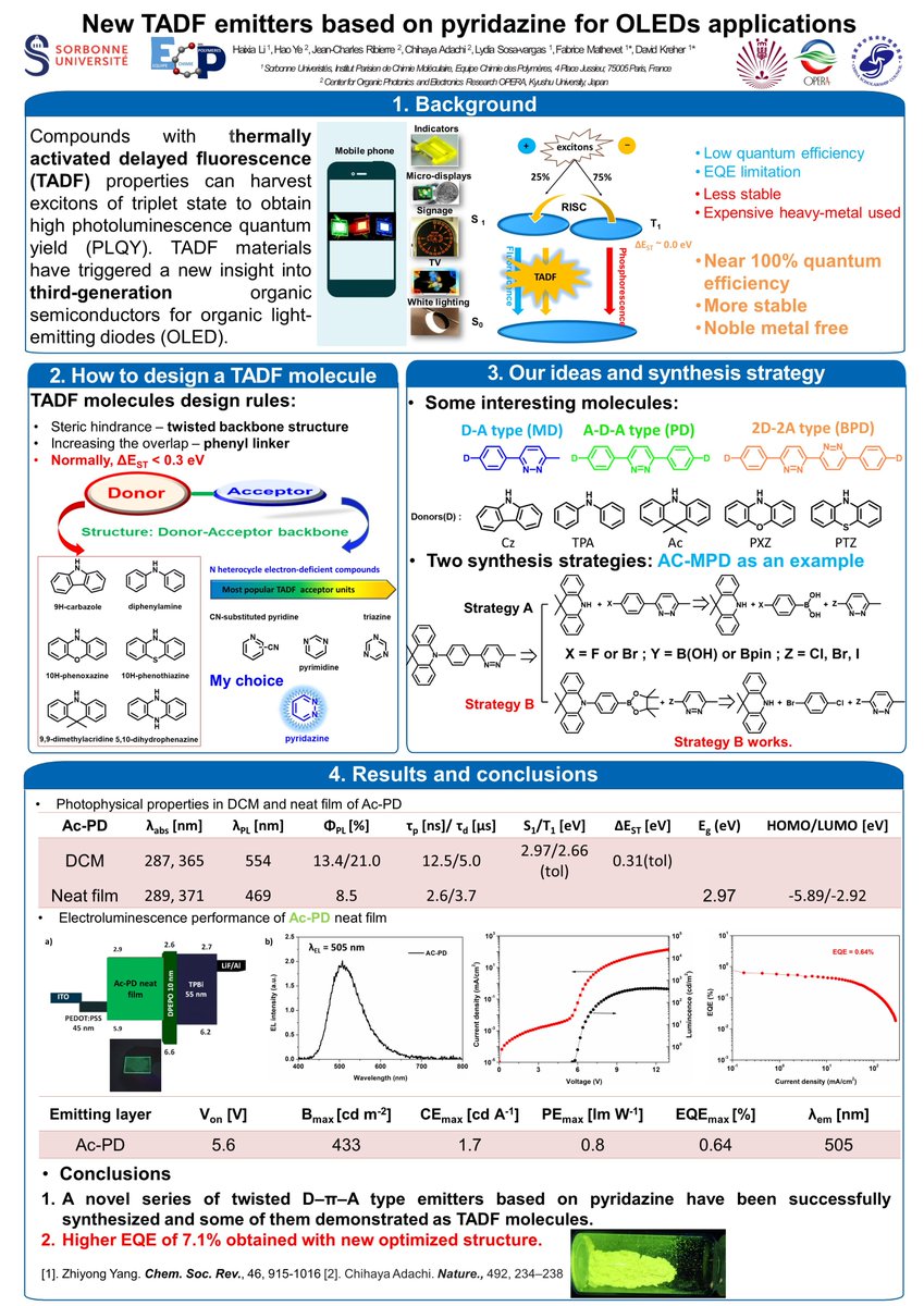 HaixiaLi5's tweet photo. Hi, I am a Ph.D. from sorbonne university. Very glad to share my work on new TADF molecule designs and my first TADF molecular performance in OLED devices. Please enjoy it and hope u enjoy the #RSCPoster meeting.😃😃 #RSCMat; #RSCOrg https://t.co/HNlSNHVhu9