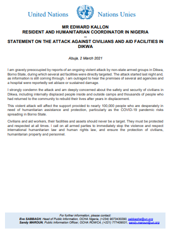 EdwardKallon's tweet image. I strongly condemn the attack by non-state armed groups in Dikwa, Borno State. I call on all armed parties to immediately stop the violence, respect int'l humanitarian law &amp;amp; human rights law, and ensure the protection of civilians, humanitarian property and personnel.