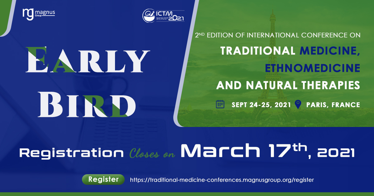 ICTMconf's tweet photo. Early bird registration for #ICTM2021 closes on March 17, 2021

Hurry! Be an Early bird

Register online | https://t.co/of8mEGjzVK

E: traditionalmedicine(at)magnusmeetings(dot)com https://t.co/5iBWWZeI9V
