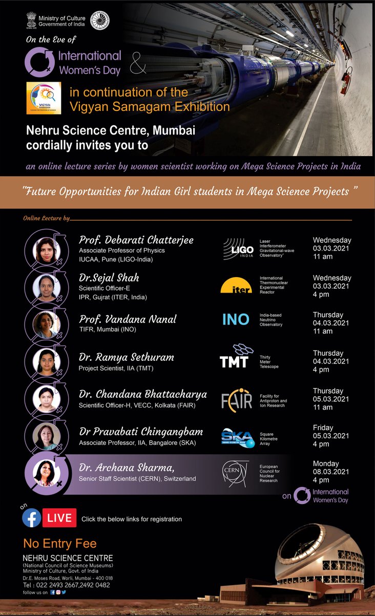 On the occasion of #InternationalWomensDay, Nehru Science Centre <a href="/NSCMumbai/">Nehru Science Centre</a> is organizing an online lecture series "Future opportunities for Indian Girls students" by women scientists working on Mega Science Projects in India. I will feature <a href="/LIGOIndia/">LIGO India</a> tomorrow at 11 IST 😀