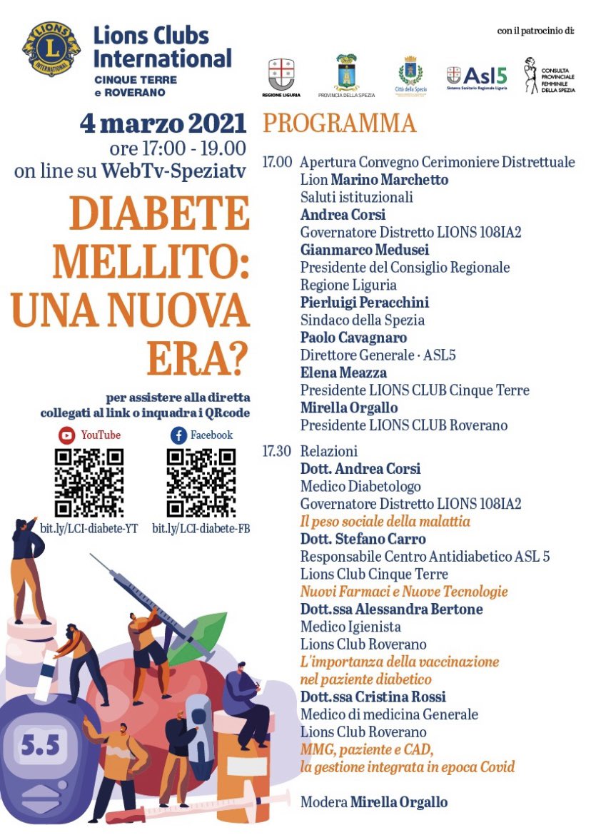 lions108ia2's tweet photo. giovedì 4 marzo si svolgerà in modalità on line un interessante incontro su il Diabete mellito, con la partecipazione del nostro Governatore Andrea Corsi, diabetologo e nutrizionista.
We serve. #WeServe
#areasalute #diabete
#LionsClubCinqueTerre
#LionsClubRoverano #asl5 https://t.co/tg7aUrktp9