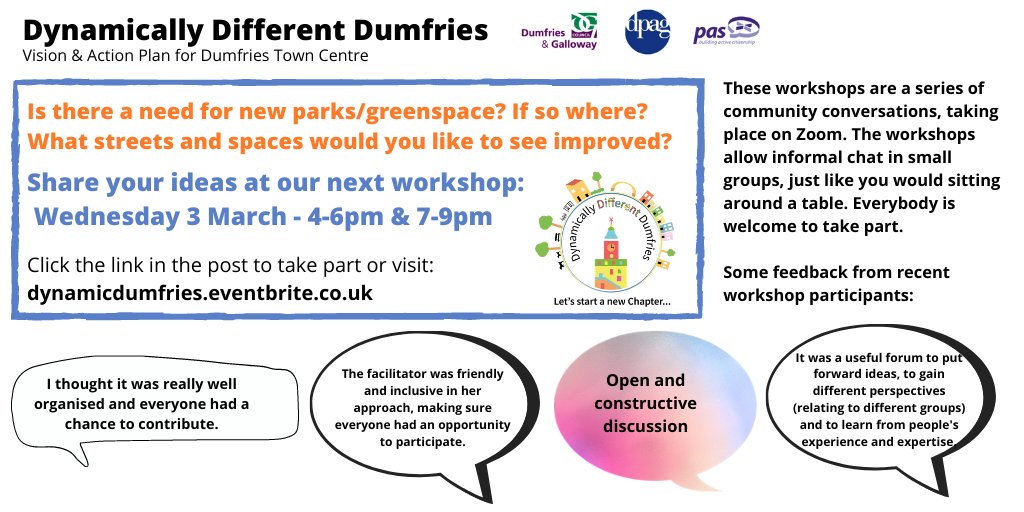 DumfriesAction's tweet photo. How can we make Dumfries town centre look better? What streets and spaces would you like to see improved? Join us on Wednesday 3 March from 4-6pm and/or 7-9pm for an informal chat to share your views. Open to all!  Sign up to take part at https://t.co/3MwyQDbMUv #DynamicDumfries https://t.co/0FVv2ZECVj