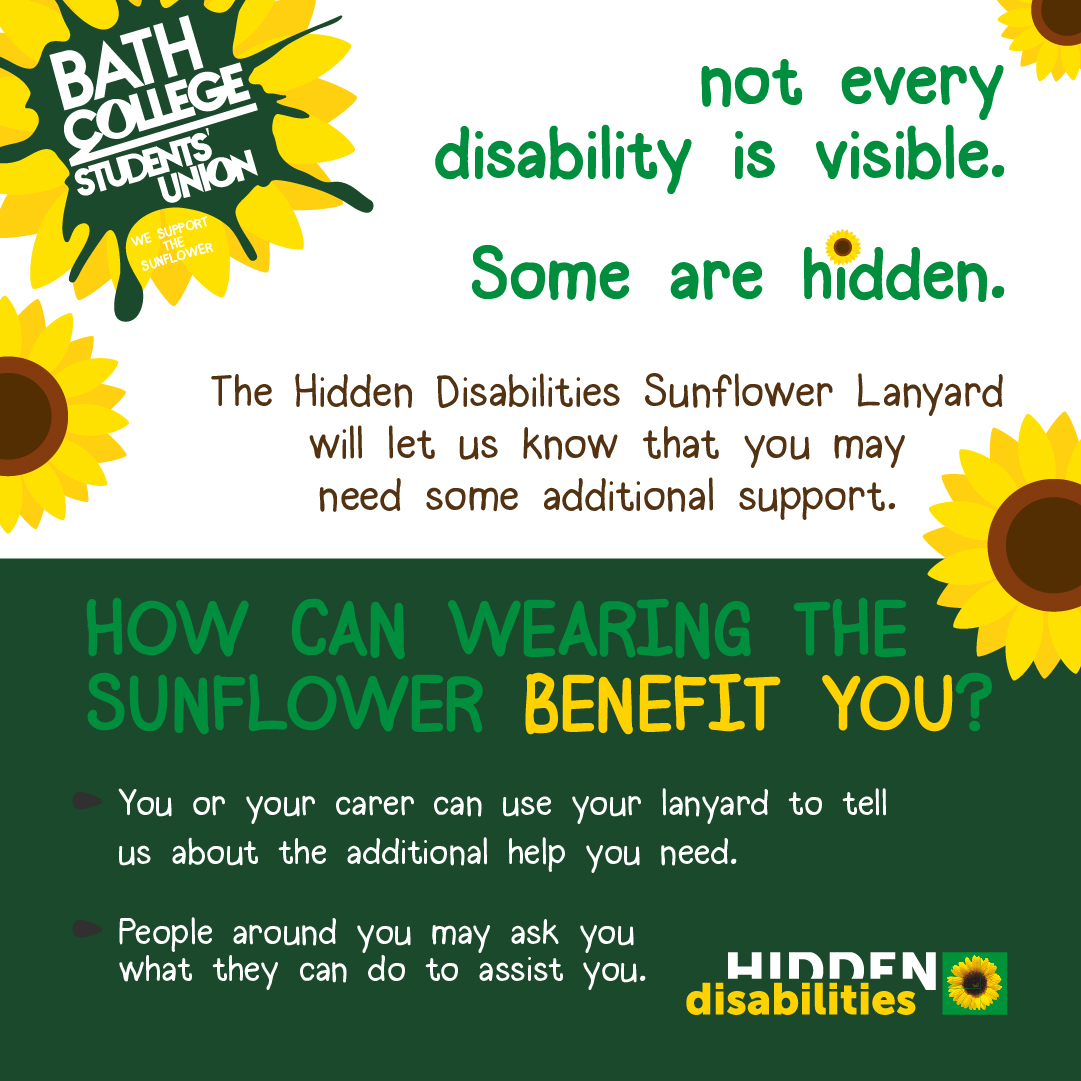 BC__Students's tweet photo. Not all disabilities are visible, some are hidden. Have you seen some people wearing a sunflower lanyard and wondered why? This may help.

#MyBathCollege #HiddenDisabilities #BathCollSU https://t.co/Mqbhr19L3F