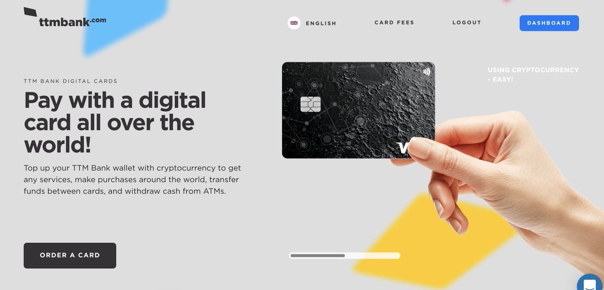 utushkin's tweet photo. https://t.co/txGUlotZ2C
Pay with a digital card all over the world!
Top up your TTM Bank wallet with cryptocurrency to get any services, make purchases around the world, transfer funds between cards, and withdraw cash from ATMs. https://t.co/VHn1BKgfsn