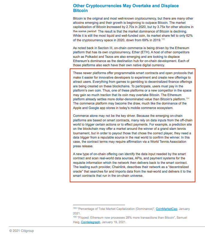 mdtrade's tweet photo. Extremely encouraging to see @Citibank extending their sights beyond #Bitcoin and highlighting utility in Chainlink, Polkadot, and Tezos.

"These newer platforms offer programmable smart contracts and open protocols that make it easier for innovative developers to experiment..." https://t.co/CdqHTOtV6Z