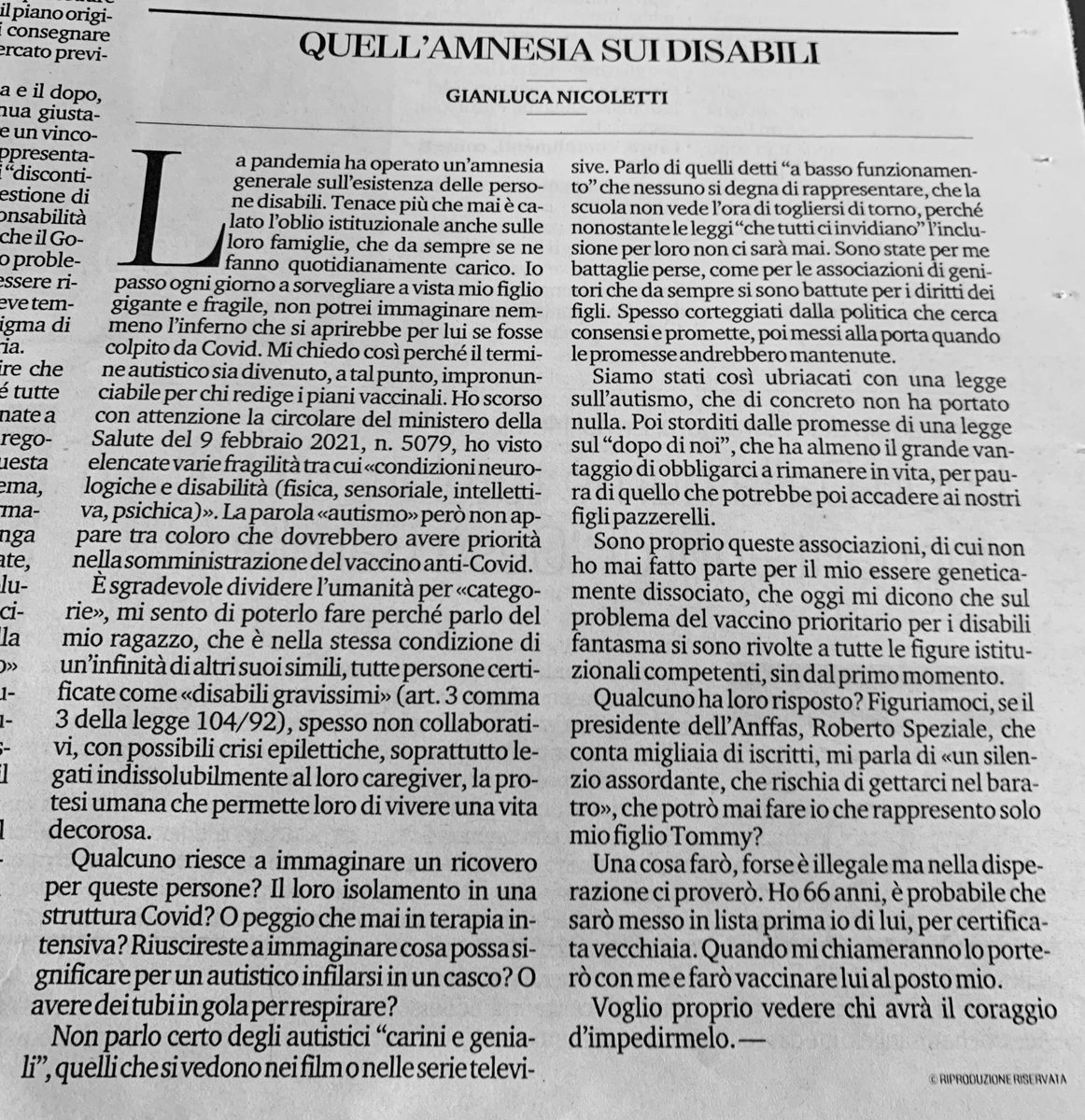 OGiannino's tweet photo. Rilancio l’appello di @MelogNicoletti che riproduco con scuse a @LaStampa. Ma i disabili dimenticati nel piano vaccinale, mentre alcune Regioni ora vaccinano i docenti universitari, riconfermano cecità di lasciare tutto in carico a dolenti famiglie, che se la vedano loro. #orrore https://t.co/YnFGTNrWxx