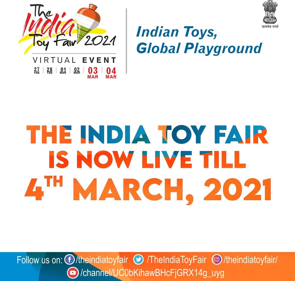 Now you can enjoy The India Toy Fair 2021 till 4th March, 2021!!

Visit now at theindiatoyfair.in

#TheIndiaToyFair #Vocal4LocalToys 
<a href="/smritiirani/">Smriti Z Irani</a> <a href="/PiyushGoyal/">Piyush Goyal</a> <a href="/DrRPNishank/">Dr. Ramesh Pokhriyal Nishank</a>  <a href="/PIBFactCheck/">PIB Fact Check</a> <a href="/TexMinIndia/">Ministry of Textiles</a> <a href="/minmsme/">Ministry of MSME</a> <a href="/EduMinOfIndia/">Ministry of Education</a> <a href="/RailMinIndia/">Ministry of Railways</a> <a href="/PIB_India/">PIB India</a> <a href="/DDNewslive/">DD News</a>