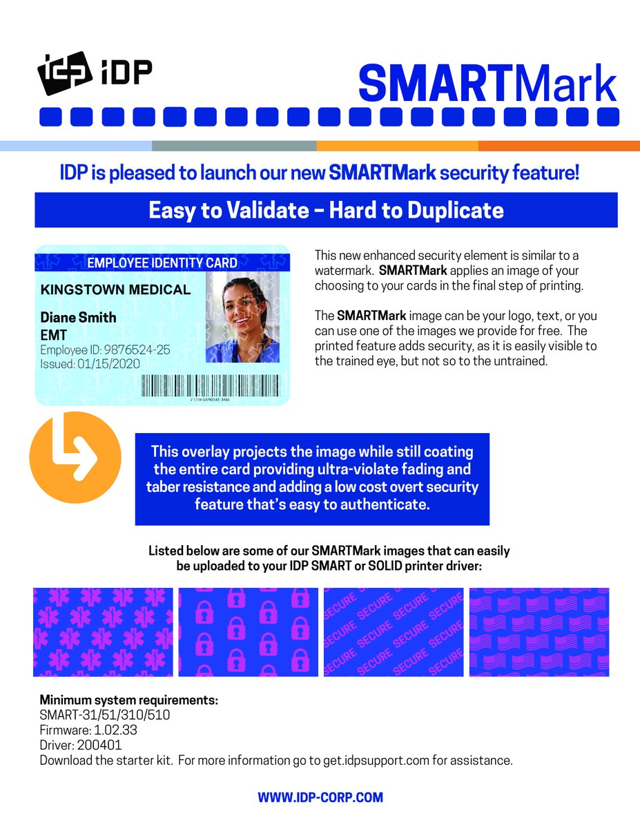 IDPCard's tweet photo. IDP's NEW SMARTMARK Security Feature that provides ultra-violate fading and taber resistance that adds a low cost overt security feature. #security #idcardprinters #cardprinter #accesscontrol #idprinter #smartmark #photoidprinter https://t.co/69rcF4eqfn