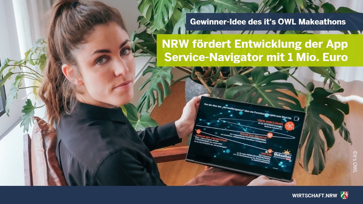 WirtschaftNRW's tweet photo. Makeathon @itsOWL_Cluster Gewinner #ServiceNavigator App erleichtert die Fehlerbehebung von 👩🔧Maschinen 5x schneller als bisher. Schirmherr Minister @a_pinkwart zeigt sich beeindruckt von der Idee & Dynamik des Teams. ▶https://t.co/ZdscWhssSm #Maschinenbau #NRWkanndas https://t.co/OAyS5Ocetc