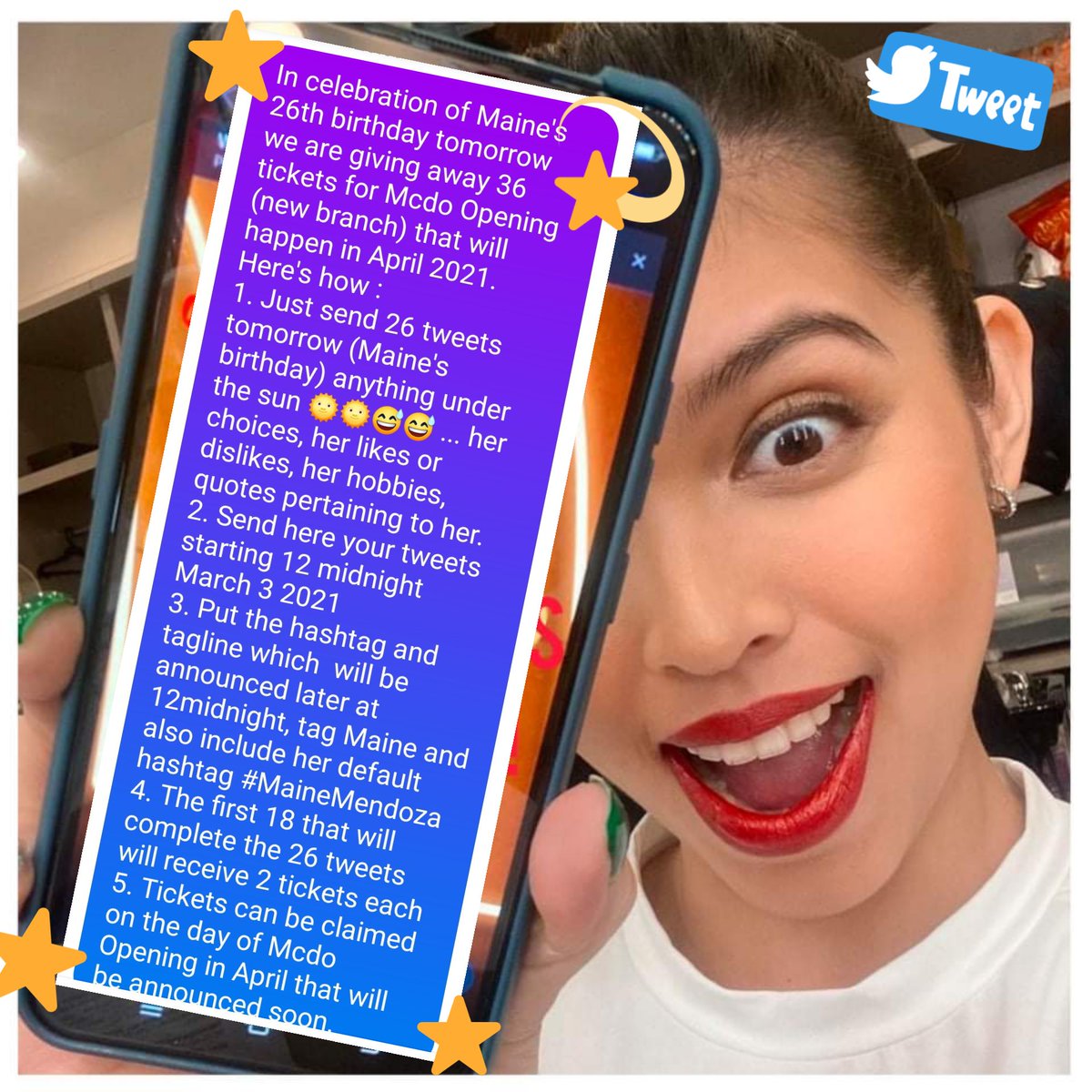 elsma29's tweet photo. Mainers here's the mechanics for the games starting 12midnight
The hashtags and Taglines to follow!
In order to monitor your tweets kindly tag this account @elsma29
and @rose09143
Maine Mendoza 26naBUKAS
Support DADDYGURL
@mainedcm @macmendoza75 https://t.co/8dxlJTzhYs