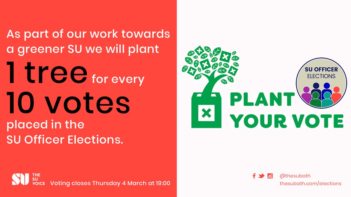 thesubath's tweet image. As part of our work towards a greener SU we will plant 1 tree for every 10 votes placed in the SU Officer Elections!