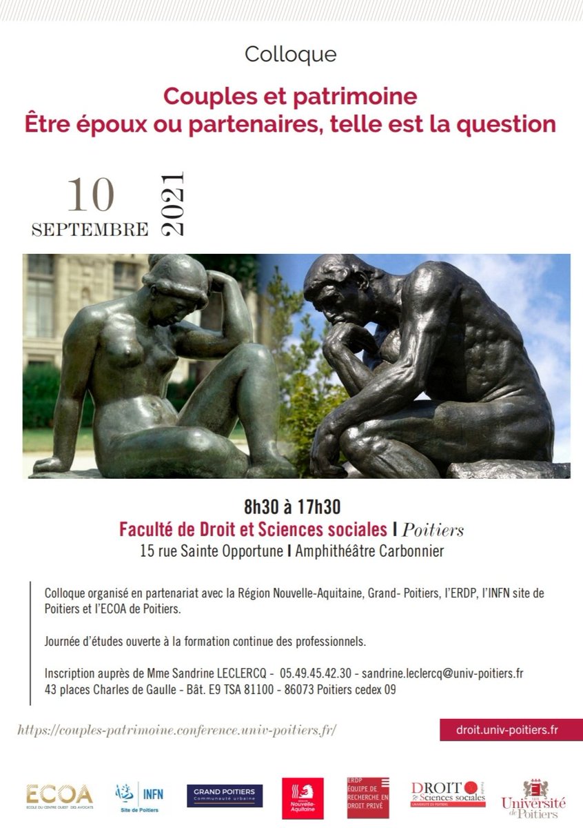 EaErdp's tweet image. [COLLOQUE] #ERDP #droit

📅 Vendredi 10 septembre 2021 

🏷️« Couples et patrimoine. Être époux ou partenaires, telle est la question »

organisé en partenariat avec la Région Nouvelle-Aquitaine, Grand-Poitiers, l&apos;INFN et l&apos;ECOA de Poitiers.

droit.univ-poitiers.fr/colloque-coupl…