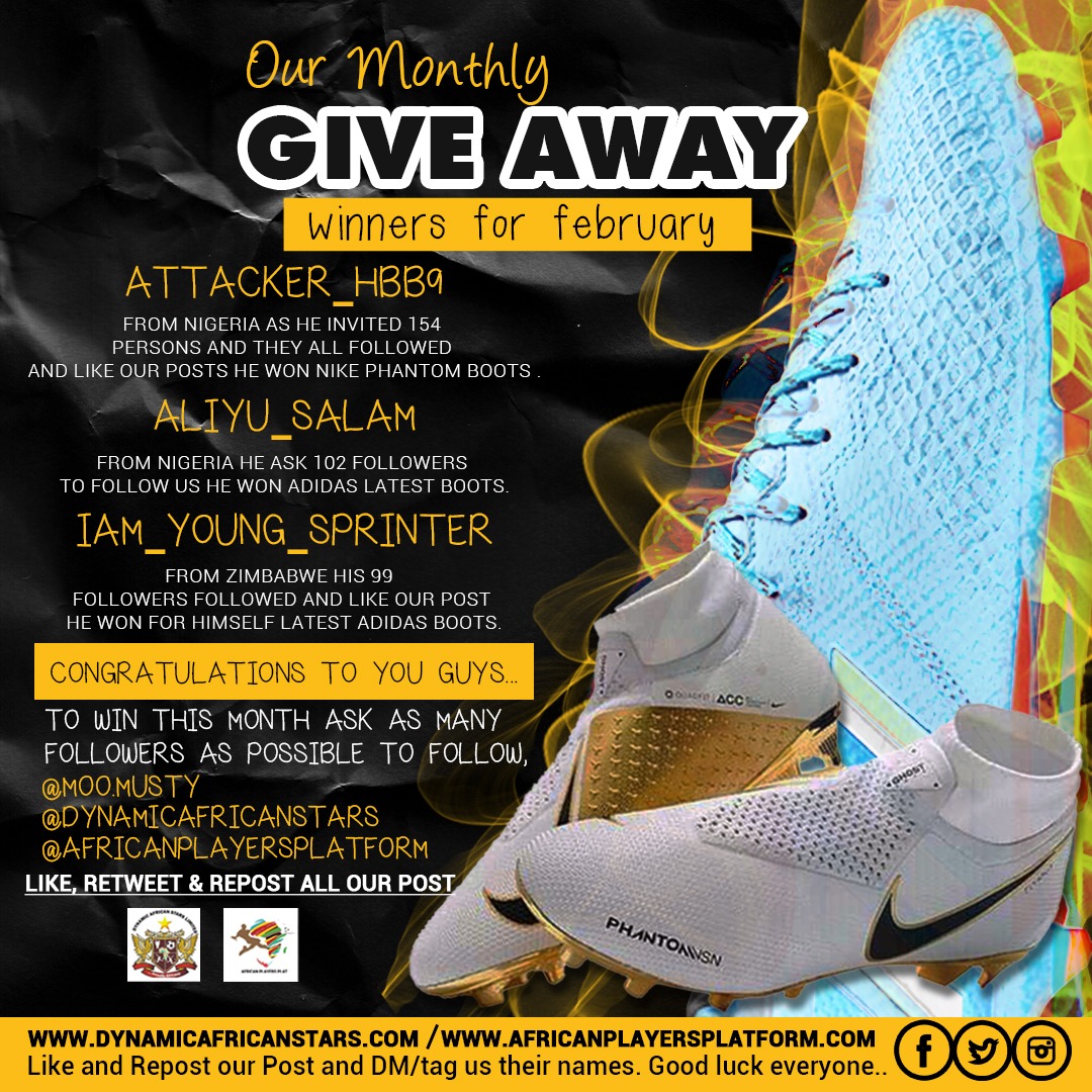 dynamicAstar's tweet photo. #supporttheirtalent Monthly giveaway
Congratulations to you Guys.

To Win this month ask As many followers as possible to follow, @dynamicAstar
@afpplatform

Note: 2 winners Monthly...
#believeinyourself
#hardworking  #sports #football #sport #fitness #training #soccer #workout https://t.co/pDAkWc44MN