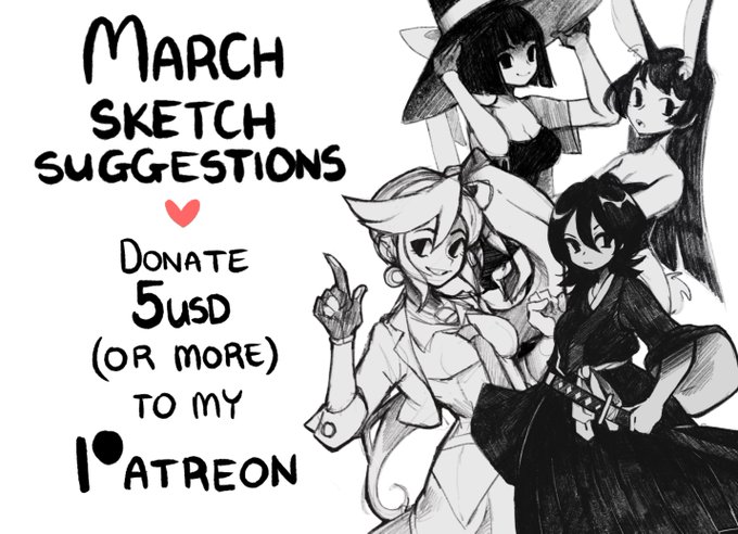 MARCH SKETCH SUGGESTIONS ARE UP ON MY PATREON!! 
Donate 5USD (or more) and leave a comment under the pinned post with a character of your choice. I usually do ~8 chars/month c:
Examples are on the right! 
Link in the replies. 