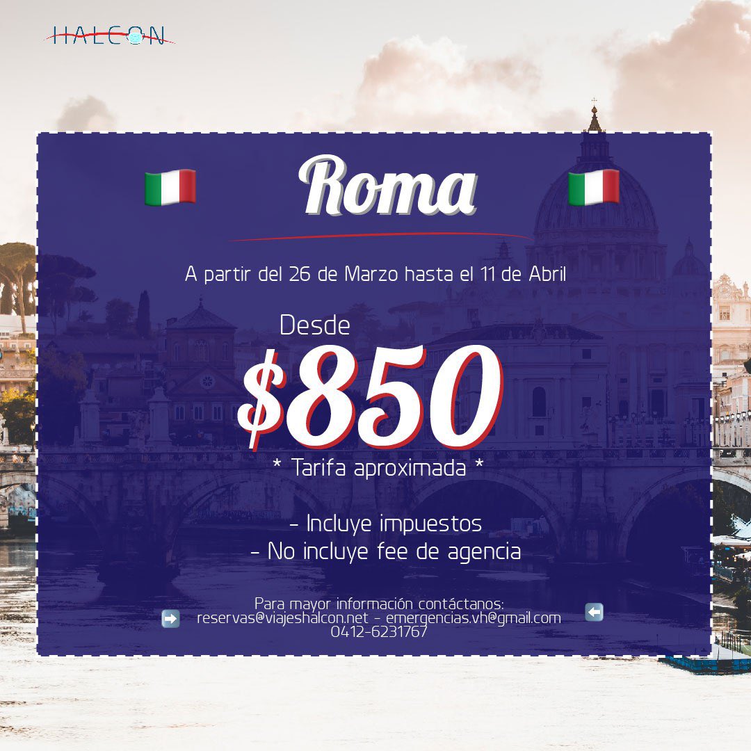 HalconViajes_'s tweet photo. ⚠️NO INCLUYE FEE DE AGENCIA ⚠️

📌𝐂𝐎𝐍𝐓𝐀𝐂𝐓𝐀𝐍𝐎𝐒:  

📲  𝗪𝗵𝗮𝘁𝘀𝗮𝗽𝗽: +58 (412) 623-17-67 

📩  𝗰𝗼𝗿𝗿𝗲𝗼 𝗲𝗹𝗲𝗰𝘁𝗿ó𝗻𝗶𝗰𝗼: emergencias.vh@gmail.com https://t.co/X6qCA7cWix
