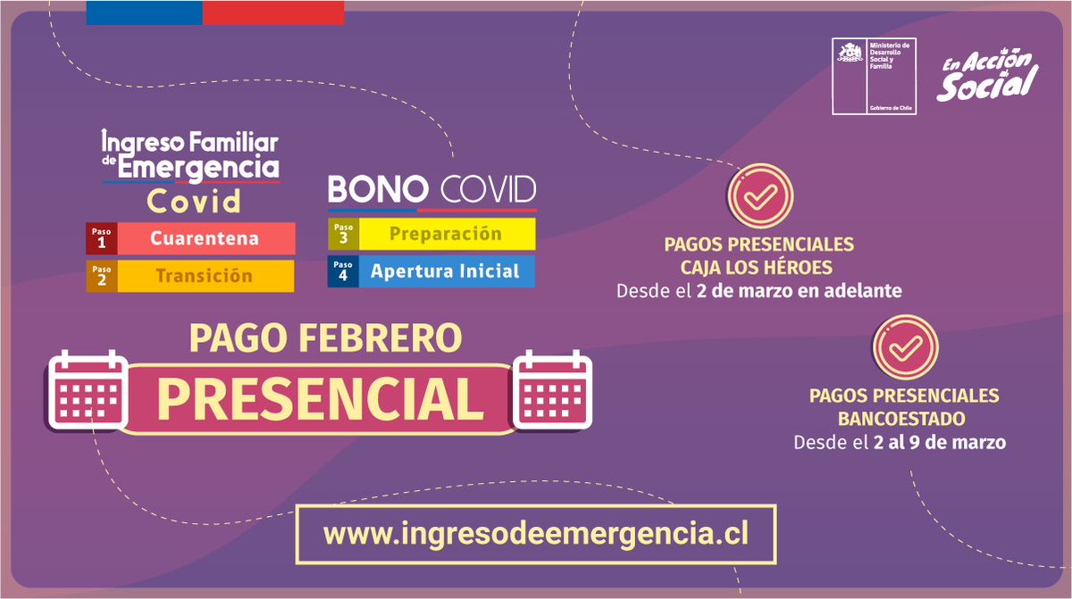 📅Este 2 de marzo comienza el pago presencial del #IFECovid y #BonoCovid correspondiente a febrero en Caja Los Héroes y <a href="/BancoEstado/">BancoEstado</a>. Revisa tu fecha y modalidad de pago en la sección "Mis Pagos". 
📲ingresodeemergencia.cl