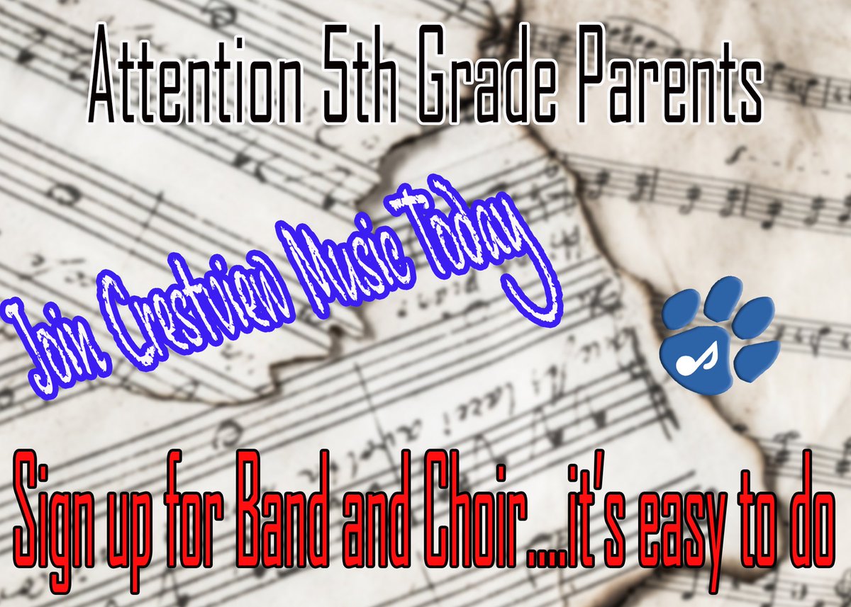 Attention 5th Grade Parents! It is time to sign up for Band and Choir. To sign up, please scan the QR code that was in the letter sent out. If you would like to learn more about our band and choir programs please visit cv.hccsc.k12.in.us/departments/fi…