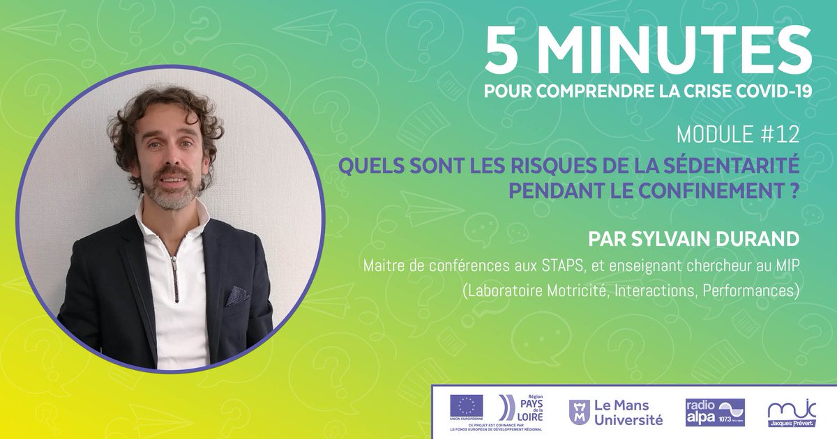 LeMansUniv's tweet photo. 📻[5 minutes pour comprendre la crise #Covid19]
Quels sont les risques de la sédentarité pendant le confinement ?
🎙️Retrouvez S. Durand, enseignant-chercheur en physiologie à @LeMansUniv, labo Motricité, Interactions, Performances, sur @RadioAlpaLeMans.
👉https://t.co/Br0DrurmWw https://t.co/7IGjXxX2Hw