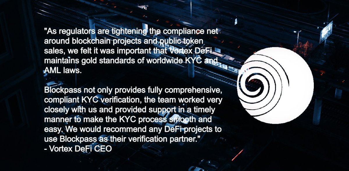 BlockpassOrg's tweet photo. See what our partner @VortexDefi says about working with @BlockpassOrg. "The team worked very closely with us &amp; provided support in a timely manner to make the #KYC process smooth &amp; easy. We would recommend any #DeFi projects to use Blockpass..." - #VortexDeFi CEO @rahulsingh18 https://t.co/J5RCFUVku2