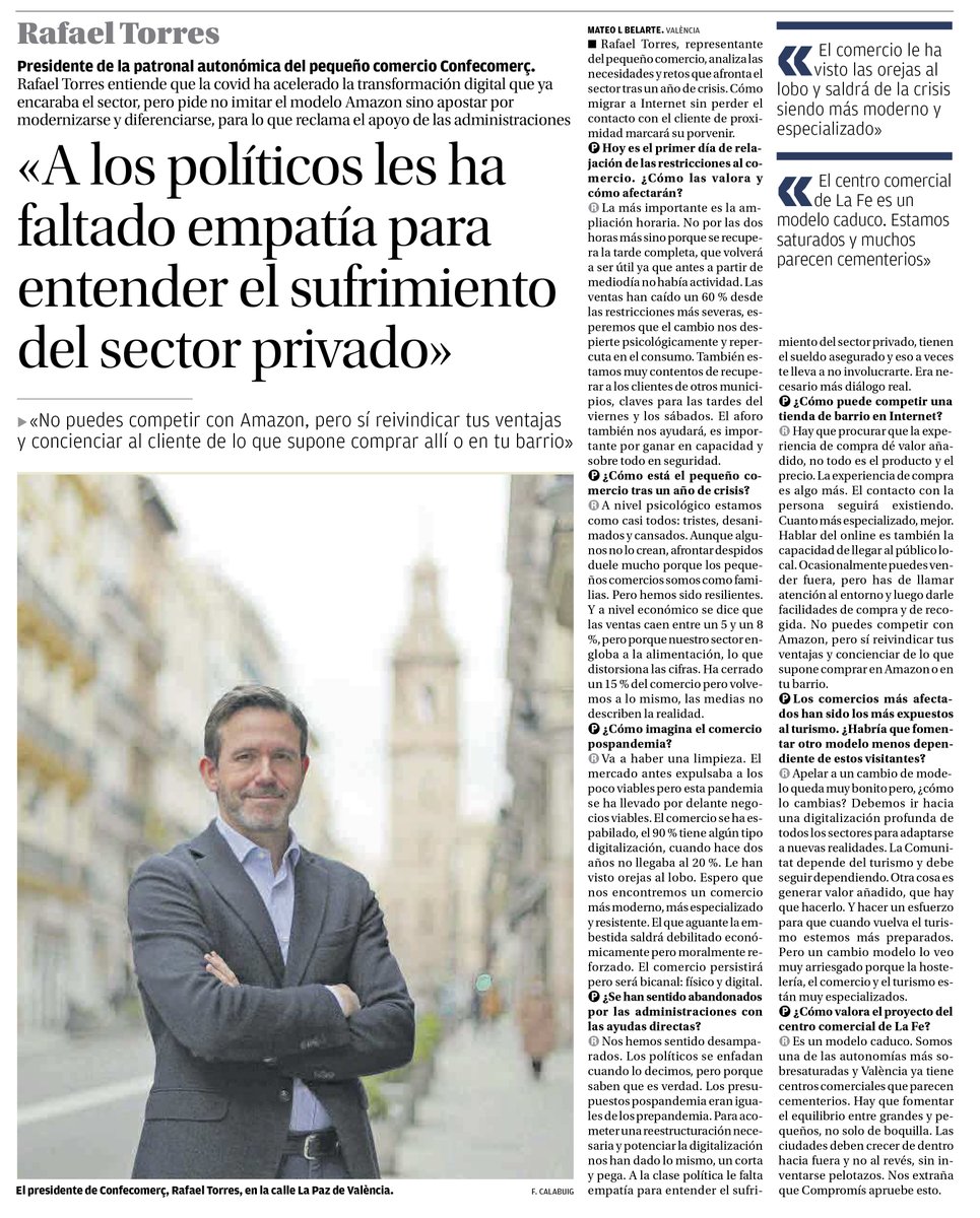 Entrevista al presidente de Confecomerç CV, Rafael Torres, en <a href="/levante_emv/">Levante-EMV</a> : "A lo políticos les ha faltado empatía para entender el sufrimiento privado" <a href="/rtorresjoyero/">Rafael Torres</a> #ComercioResiste
#SOSPequeñoComercio
#AyudasLaMejorVacuna