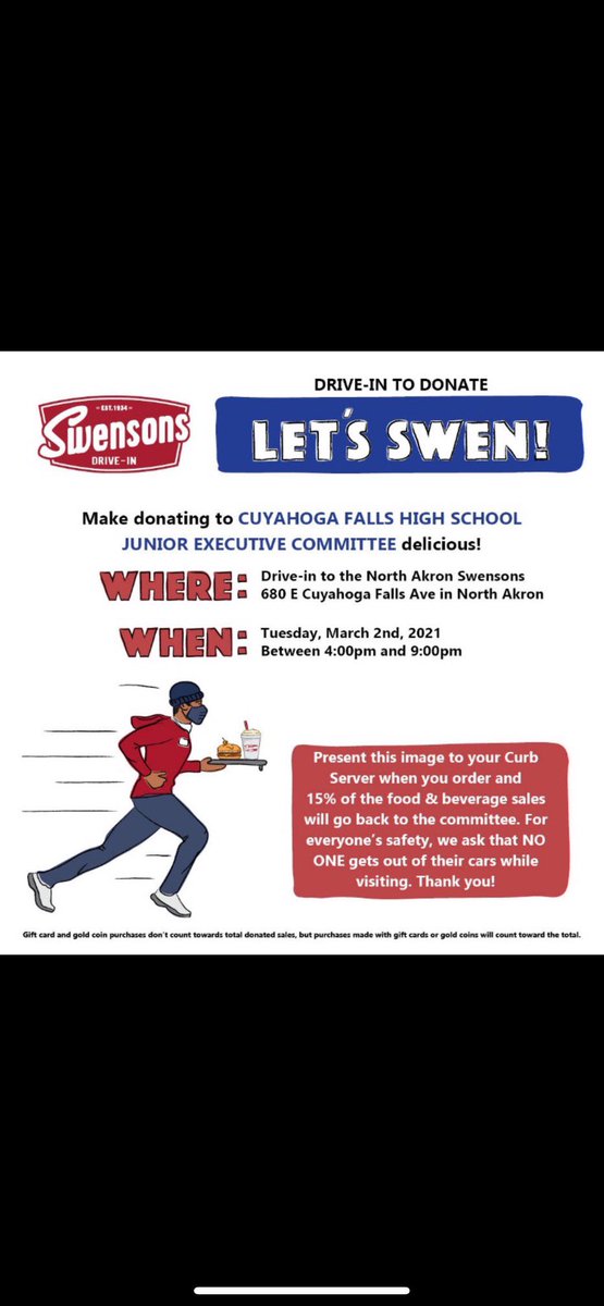 cfhsclassof2022's tweet photo. Today is the day! Come support Junior Exec at the North Akron Swensons between 4:00 pm and 9:00 pm! We would love your support! https://t.co/NwY1thSNeD