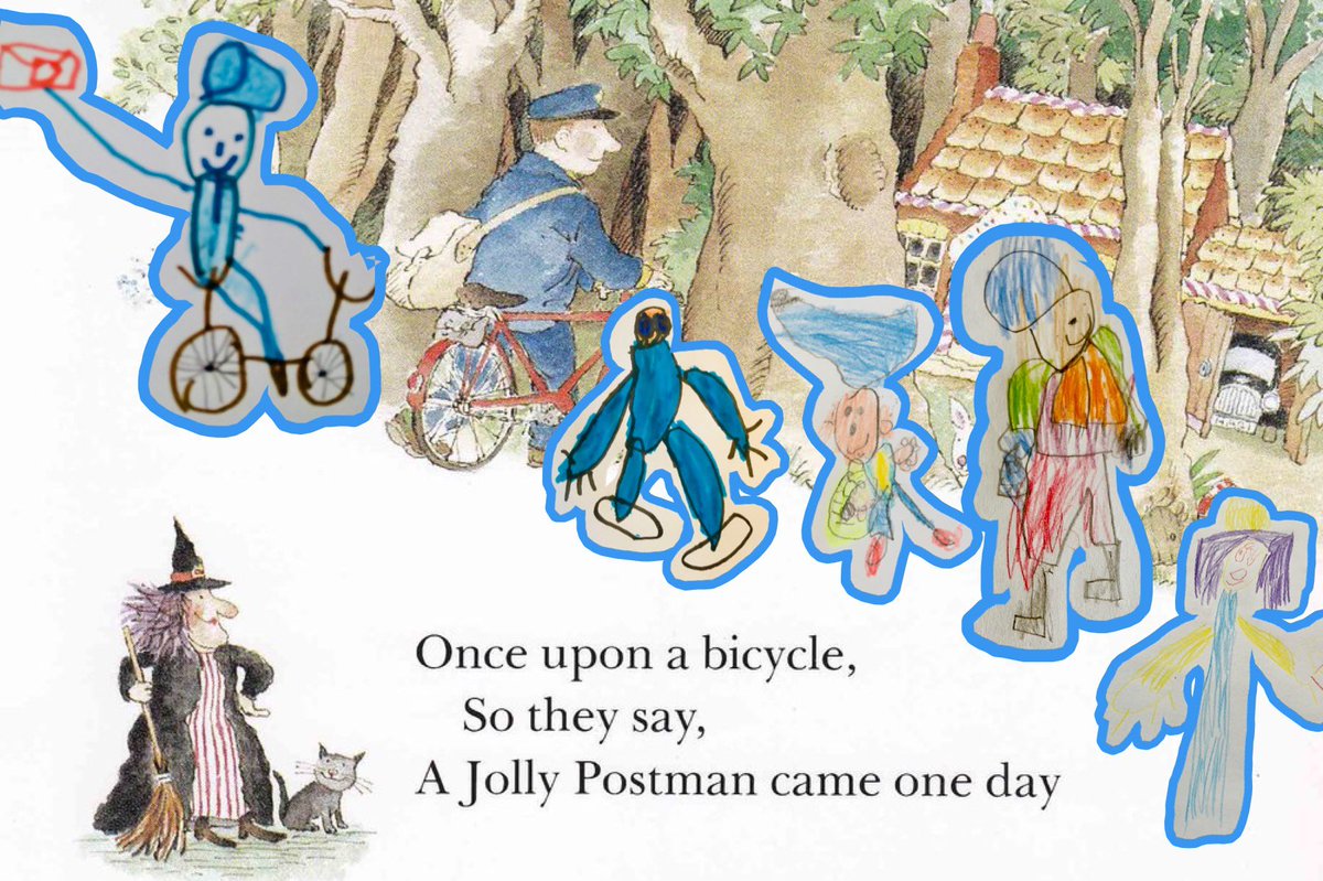 acorn_class's tweet photo. Once upon a bicycle, So they say, Lots of Jolly Postmen (and women) came one day... #JollyPostman @WimboldsleyCPS Wonderful artwork Acorns! #OnceUponATime https://t.co/Qi9UAizzsA