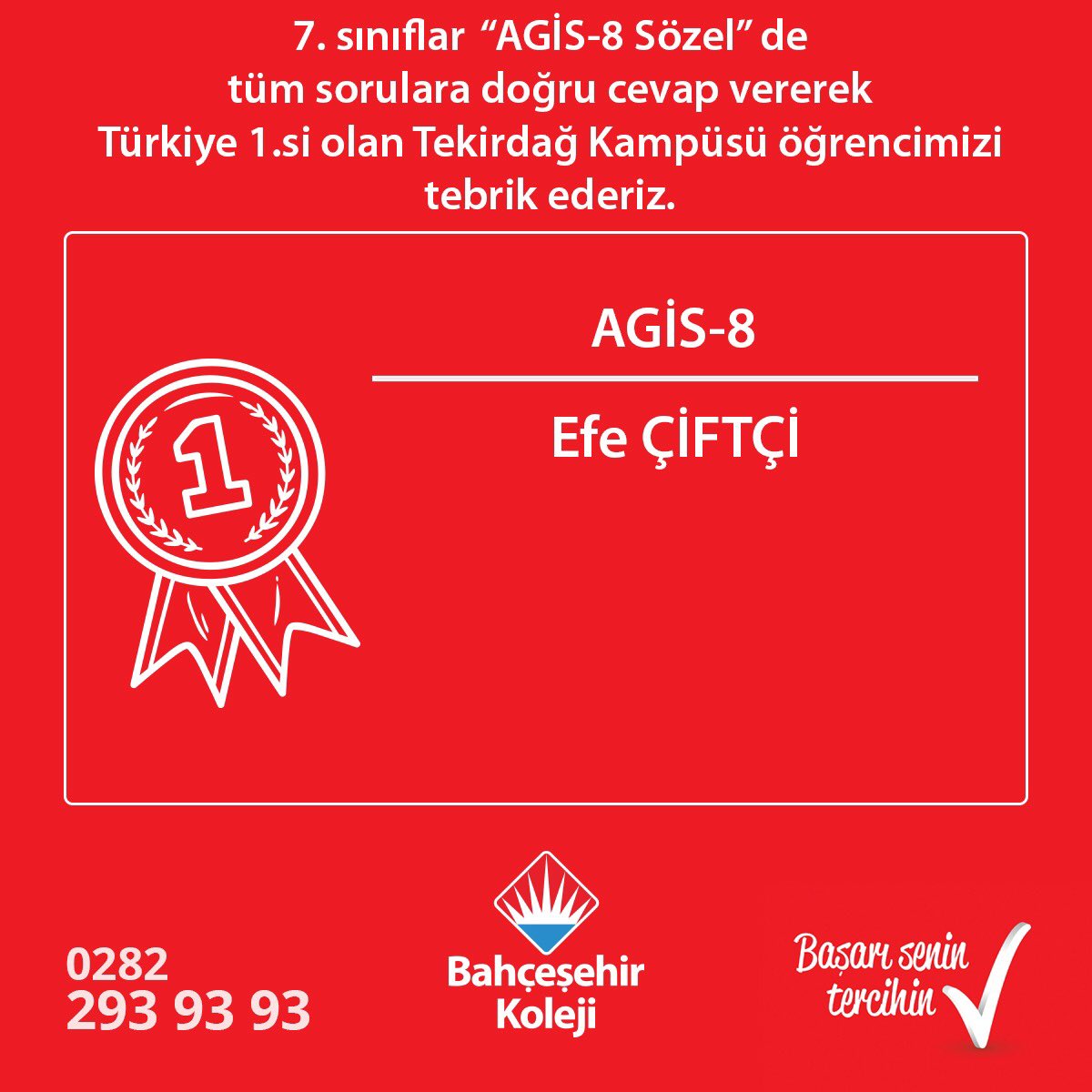 7. sınıflar “AGİS-8 Sözel” de tüm sorulara doğru cevap vererek Türkiye 1.si olan Tekirdağ Kampüsü öğrencimizi tebrik ederiz. 👏🏻