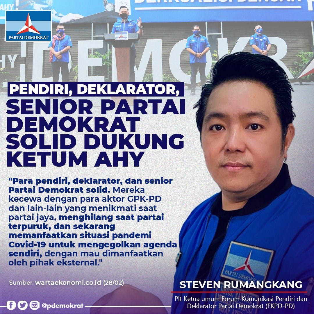 PDemokrat's tweet photo. "Para pendiri, deklarator &amp; senior PD, solid. Mereka kecewa dgn para aktor GPK-PD yg menikmati saat partai jaya, menghilang saat partai terpuruk, sekarang manfaatkan situasi pandemi Covid-19 utk mengegolkan agenda sendiri, dgn mau dimanfaatkan pihak eksternal."

Steven Rumangkang https://t.co/jDzEjXeO0o