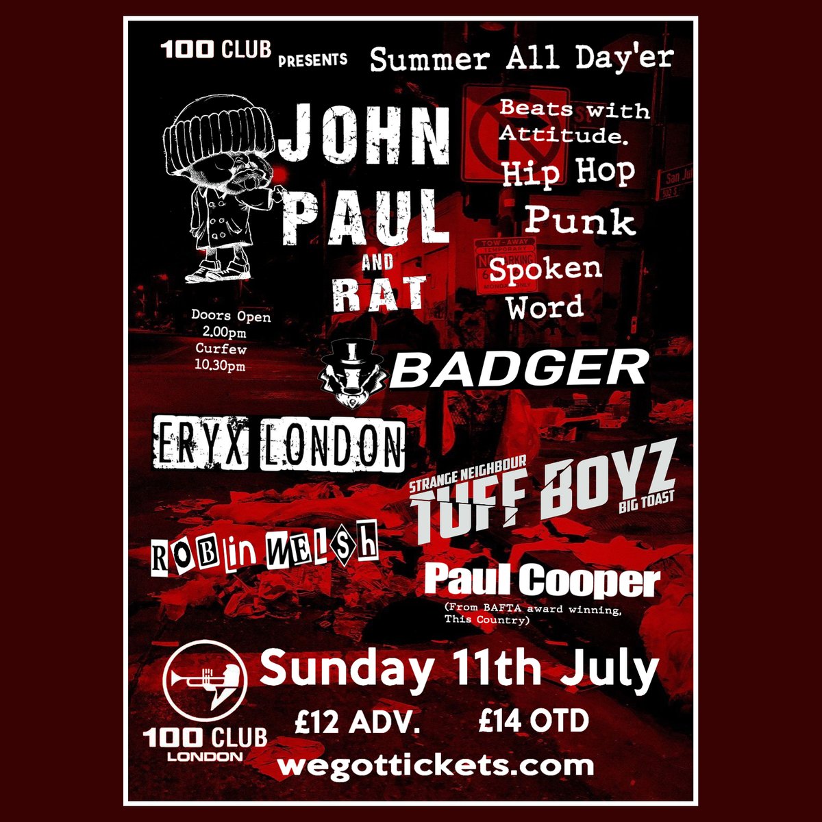 We’re playing the Summer All Day’er at The 100 Club !!!! It’s Sunday 11th July - 2pm until 10:30pm – ticket link below – attendance recommended. it’s gonna be LOUD! 
wegottickets.com/event/511913