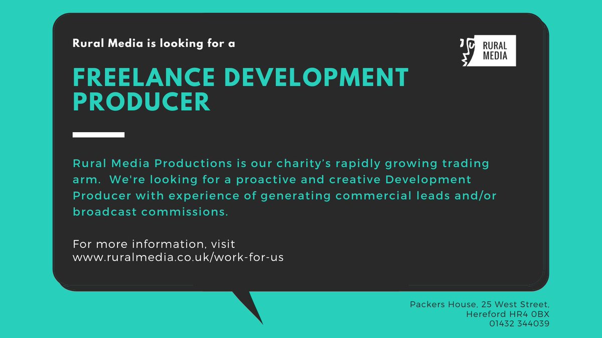 We're hiring! 📣

Rural Media Productions is our charity’s rapidly growing trading arm. We're looking for a proactive and creative Development Producer with experience in generating commercial leads and/or broadcast commissions.

#artsjobs #artsopps #creativejobs 

👇